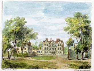 Sørfasade, Det gamle palasset, Kew Gardens, plansje 2 fra «Kew Gardens: A Series of Twenty-Four Drawings on Stone», gravert av Charles Hullmandel (1789-1850), utgitt 1820